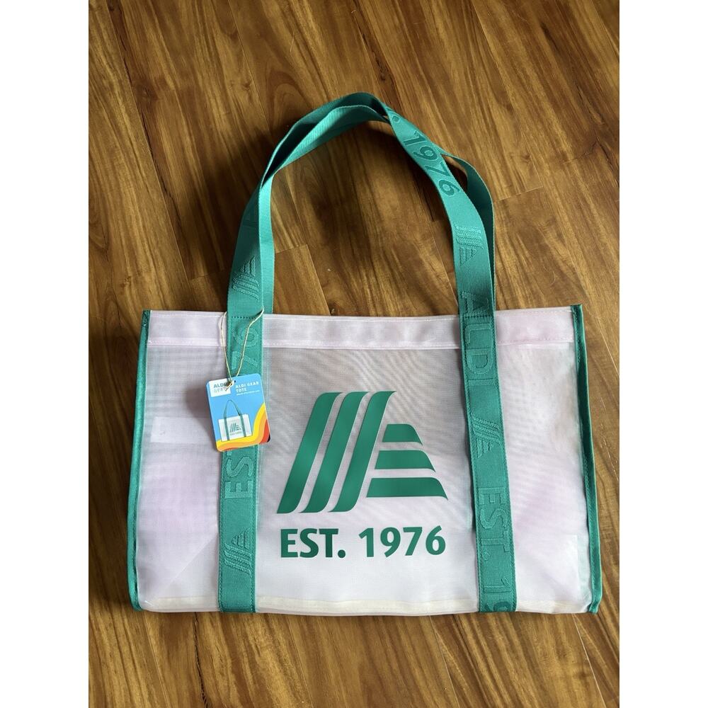 ALDI 50th Anniversary Nylon Tote Bag Pink w/EST 1976 Green Straps Rare Limited